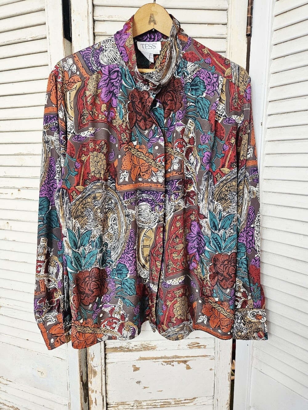 Vintage 90s Tess Fall Florals Print Long Sleeve High Collar Blouse Size 12/Large